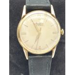 Bentima star 9ct gold vintage wrist watch with leather strap. Case size 36mm.