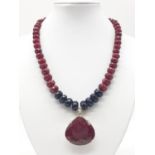 A Ruby and Blue Sapphire Gemstone Necklace With Ruby Pendant over 150cts in sterling Silver