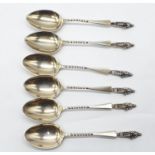 Six silver ornate teaspoons with twist handle and male figure on handle. Hallmark Sheffield 1911.