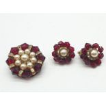 A pair of garnet and pearl earrings and matching brooch with clip earrings, weight 19.6g