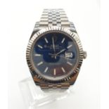 Rolex Oyster Perpetual Datejust gents chronometer watch with blue face and steel strap, 40mm case