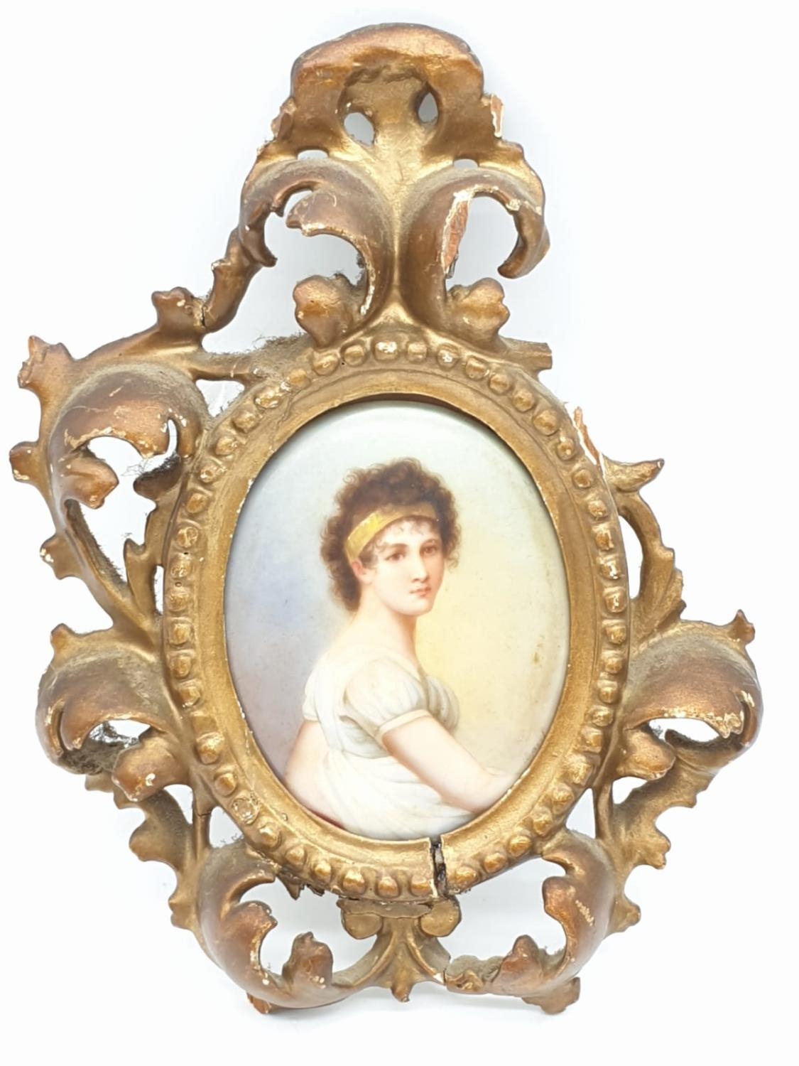 A very early porcelain miniature of Madame Recamier a French socialite circa 1800, 6.5 x 9cm