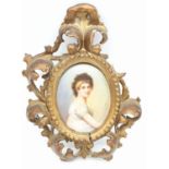 A very early porcelain miniature of Madame Recamier a French socialite circa 1800, 6.5 x 9cm