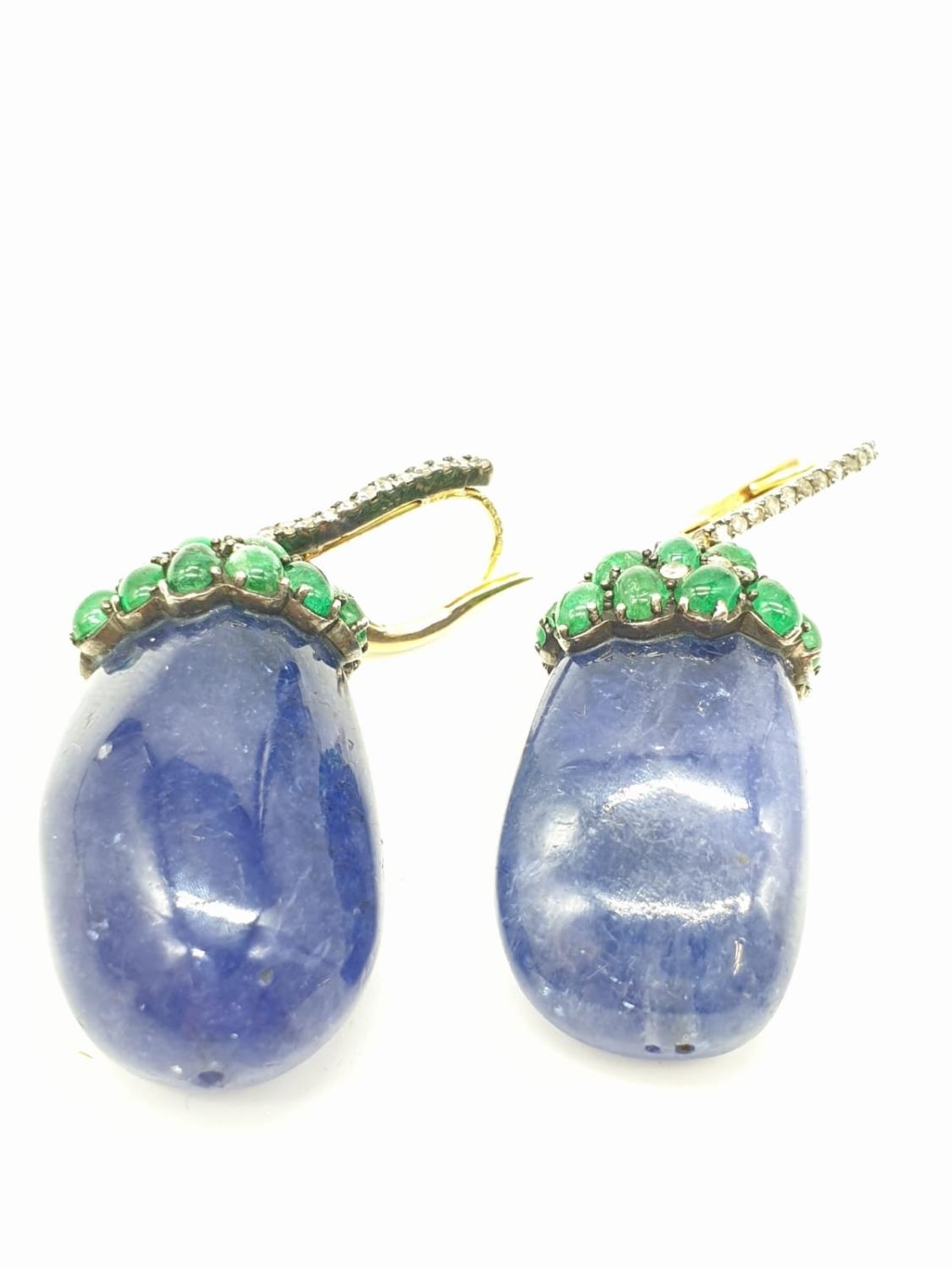 Large pair of lapis lazuli drop earrings decorated with emerald and diamonds set in 18ct gold (1 - Image 3 of 4