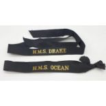 2x naval hat band ribbon tapes: HMS Ocean and HMS Drake.