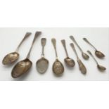Mixed selection of silver spoons, 8 spoons, 1 knife. Total weight 200 grams