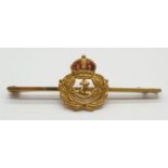 Vintage Yellow metal Royal Navy Officers Sweetheart Brooch. Red enamel crown. Excellent condition.