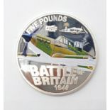 Silver five pound coloured coin minted to commemorate the 70th anniversary of the Battle of Britain.