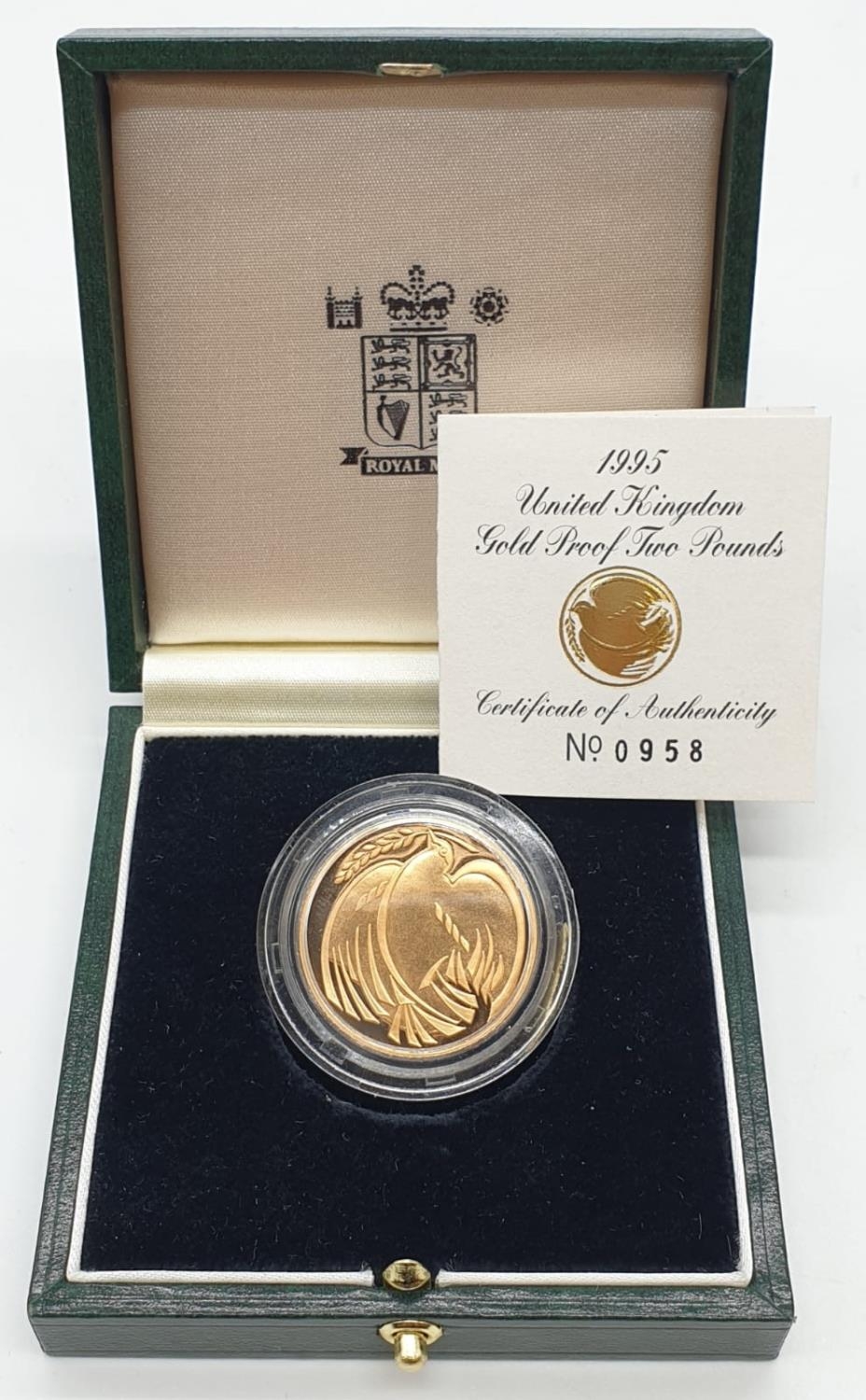 1995 UK GOLD PROOF £2 COIN, 22ct GOLD WEIGHT 15.98g, IN ORIGINAL BOX AND PAPER
