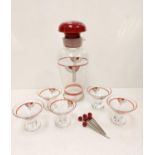 Vintage Art Deco styled cocktail shaker, 5 glasses and glass cherries. Fair condition for age.