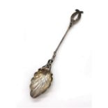 An Antique Silver Spoon with Shell Shape bowl, Ornate Bird Handle 19.7g, 16cm Length