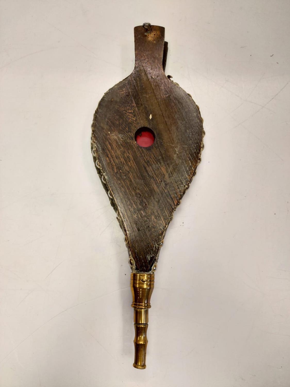 A bronze selection of vintage fireside utensils including decorated brass bellows. - Image 9 of 9