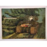 Oil on canvas depicting a British Sherman Fire Fly Tank in Normandy. Unsigned.
