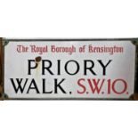 Vintage enamel 'Priory Walk' - Kensington street sign. 92 x 41cm.