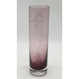 Cranberry glass fishing scene vase, 23cm tall and 6cm diameter