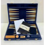 Harrods backgammon set in blue lord and leather trim. Handle is missing in case