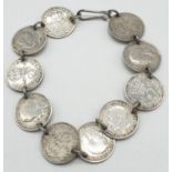 Silver bracelet consisting of antique silver threepences. 18cm approx.