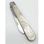 Silver bladed fruit knife having mother of pearl handle with intricate carving. Full hallmark for