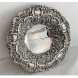 Antique Silver Fruit Bowl heavily embossed Repoussé work in scroll and floral design. Inscription to