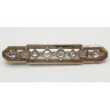 Vintage 18ct gold art deco style bar brooch with 6 diamonds, weight 7.84g and 5cm long approx