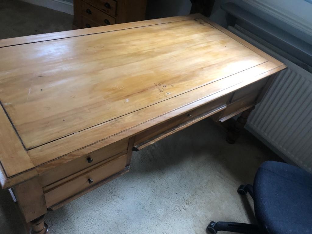 A wooden partners desk - some surface damage. 160 x 80 x 74cm. - Image 2 of 3