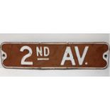 A vintage American 2nd Avenue street sign. 61 x15cm.