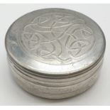 White metal pill box, 82g and 5cm diameter approx