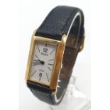 Vintage ladies 18ct gold Jaeger watch in tank style and leather strap, 19x32mm case