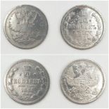 2 x Silver Russian and 20 x Kopeck coins. Fair condition.