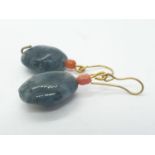 A pair of agate and coral earrings. 5.4g in weight.