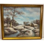 Oil on board original painting by G. Inness of Winter snow scene in original ornate gold frame.