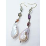 A pair of baroque pearl and tourmaline earrings. Weight 6.8g.