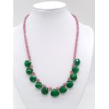 172cts light pink ruby gemstone necklace with emerald heart shape drops. 33.72 grams in weight. 44cm
