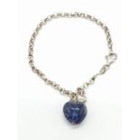 Silver belcher link bracelet ,having two heart charms pendants. 1 x Large blue sodalite type