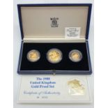 1988 UK GOLD PROOF 3 COIN COLLECTION TO INCLUDE A DOUBLE SOVEREIGN, A SOVEREIGN AND A HALF