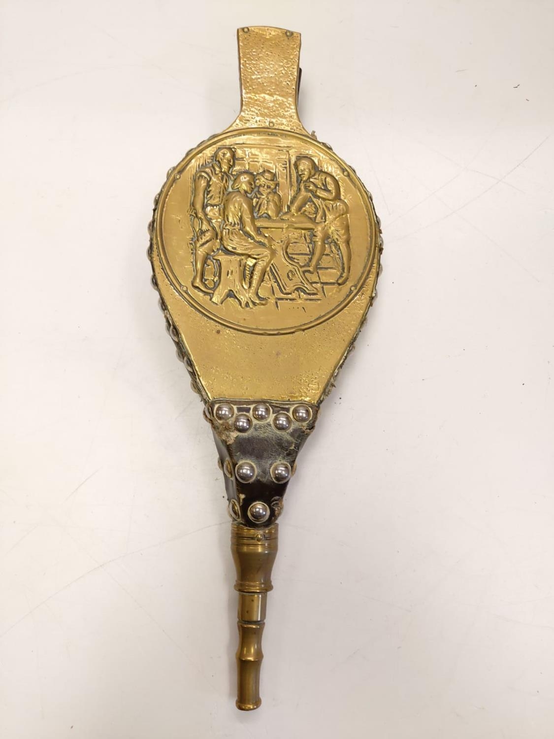 A bronze selection of vintage fireside utensils including decorated brass bellows. - Image 8 of 9