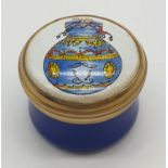 Miniature pill box with enamel top, made by Crummles, 2.5cm diameter approx