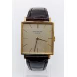 Vintage Patek Philippe Geneve 18ct gold tank watch, square face 25mm and brown leather strap