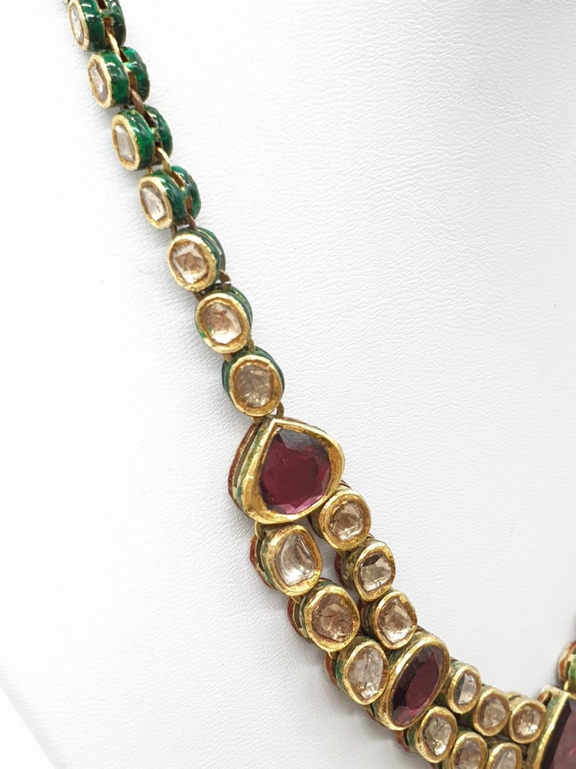 18k Indian set of Ruby and Rose Diamonds NECKLACE (40cm) and EARRINGS. 68g. - Image 6 of 9