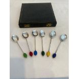 Vintage set of 6 art deco silver plated coffee spoons with coloured coffee bean handles. Complete
