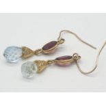 Pair of Aquamarine, tourmaline earrings with encrusted diamonds, 2cm drop, weight 2.6g