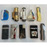 10 Vintage lighters to include 2 x Space Turbos, 2 x Calvin Hill, Spliffomatic etc. As found.