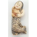 JAPANESE VERY COLLECTABLE IVORY NETSUKE MERMAID CARRYING SEAWEED 1890- 5cm long.