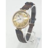 Vintage 9ct gold ladies wrist watch with leather strap