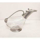 A duck shaped wine decanter, glass and silver plate, made in France, 28x20cm approx