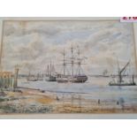 1889 dated F&G watercolour by R.S. Wilkinson of two warships anchored in-shore, 33x27cm