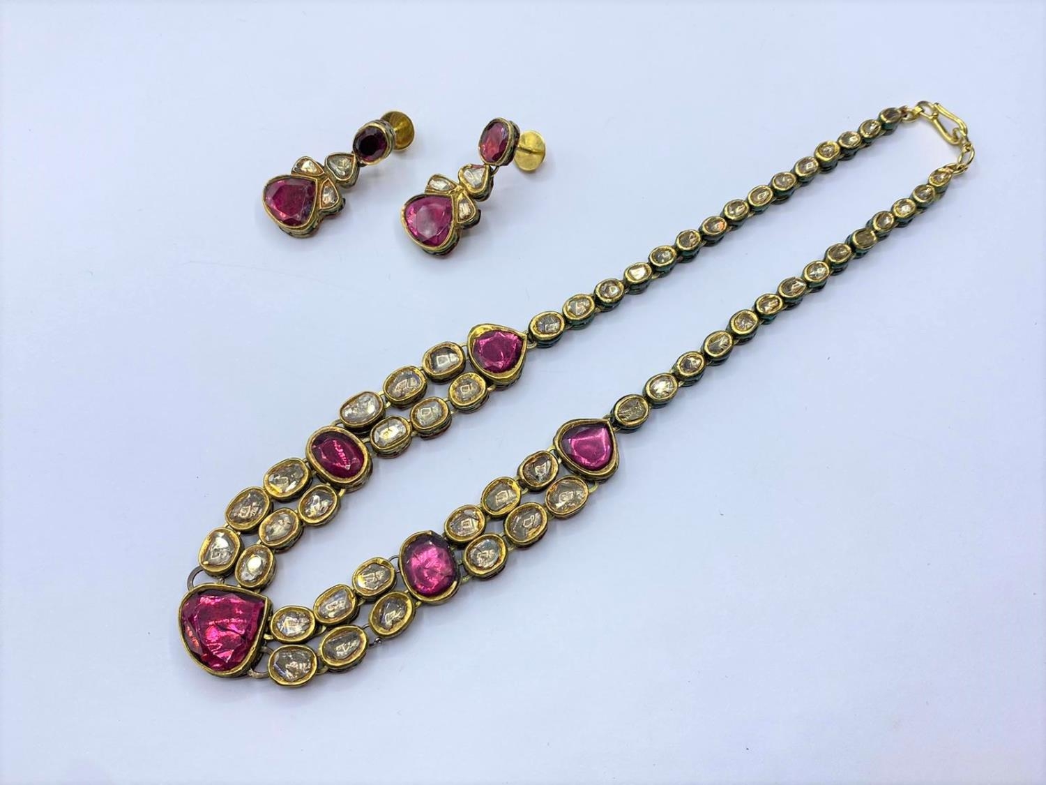 18k Indian set of Ruby and Rose Diamonds NECKLACE (40cm) and EARRINGS. 68g. - Image 3 of 9