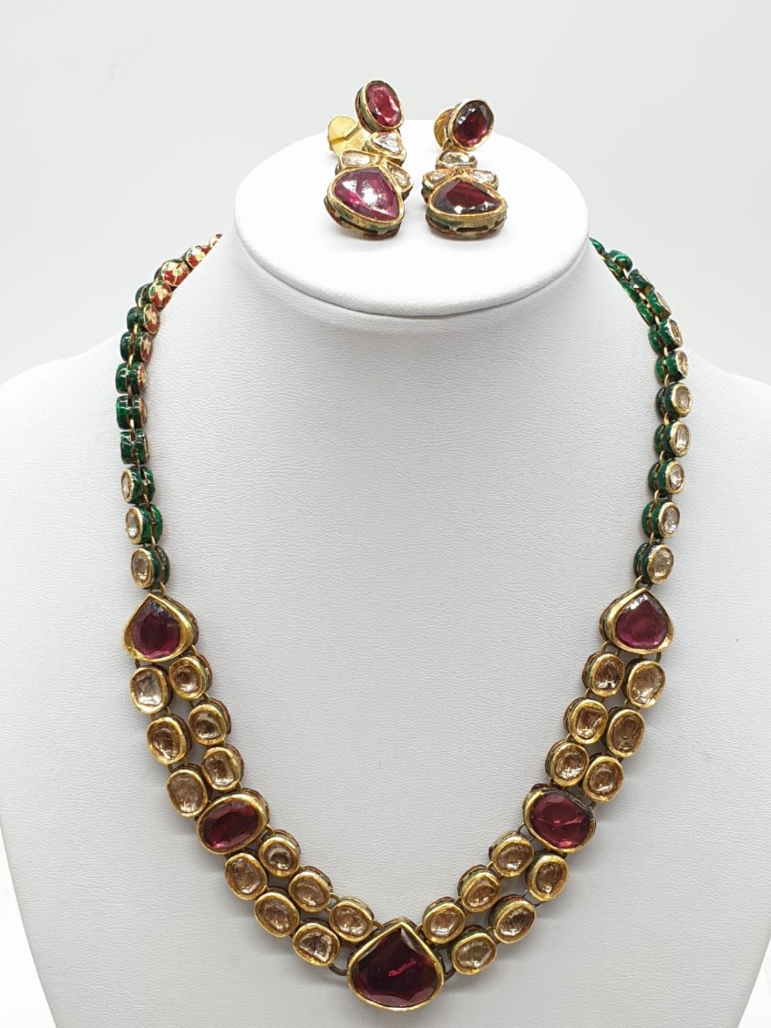 18k Indian set of Ruby and Rose Diamonds NECKLACE (40cm) and EARRINGS. 68g.