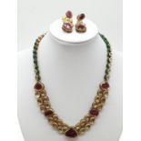 18k Indian set of Ruby and Rose Diamonds NECKLACE (40cm) and EARRINGS. 68g.