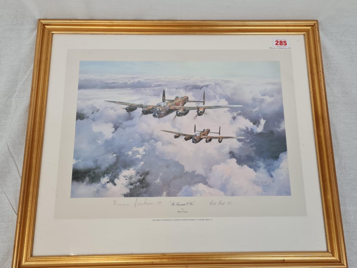 F&G (Perspex) coloured print by Robert Taylor ?The Lancaster V.C.s?, signed by V.C. recipients